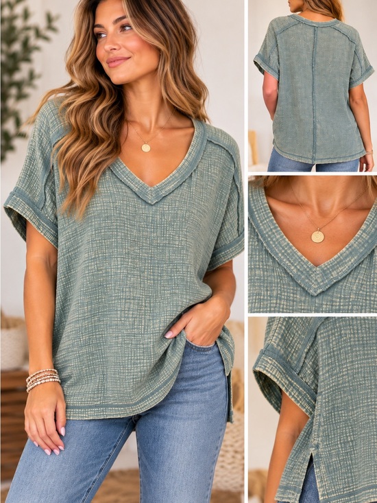 Zenana Outfitters Tops - Zenana Outfitters Relaxed V-Neck Short Sleeve Top in Ash Jade